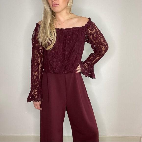 Adrianna Papell Burgundy Lace Long Sleeve Jumpsuit - Picture 13 of 13
